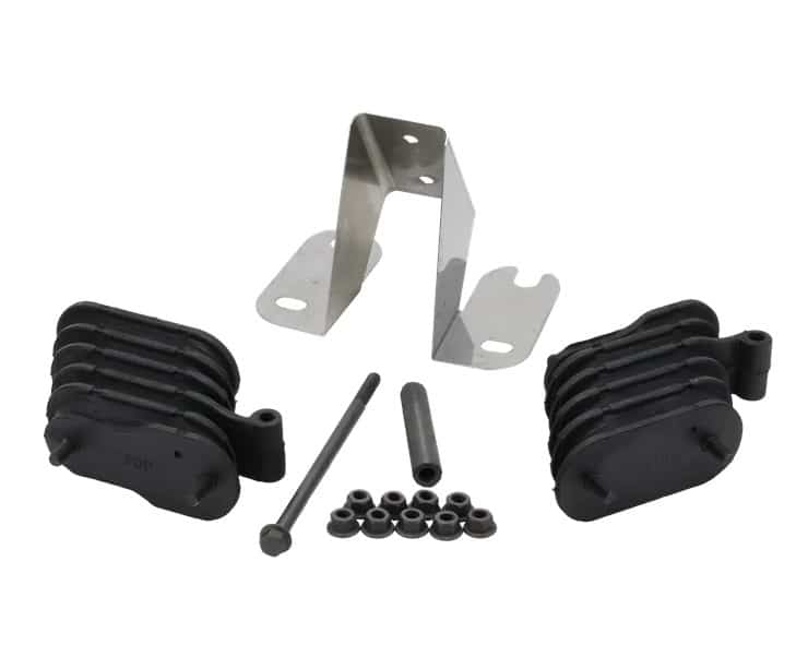 Metal mounting bracket with rubber isolators and bolts