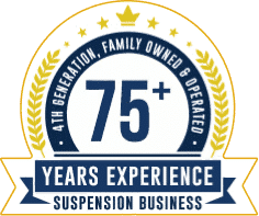 A homepage badge displays "4th Generation, Family Owned & Operated, 75+ Years Experience in Suspension Business" adorned with laurel wreaths and a star.