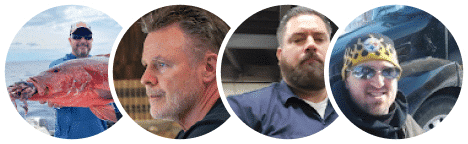 Four different men showcased in circular frames on the homepage: the first proudly holds a large fish, the second poses in profile, the third sports a distinctive beard, and the fourth dons a hat and sunglasses.