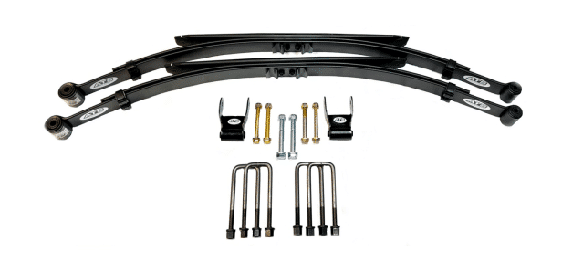 Two leaf springs, various bolts, and U-bolts arranged on a white background.