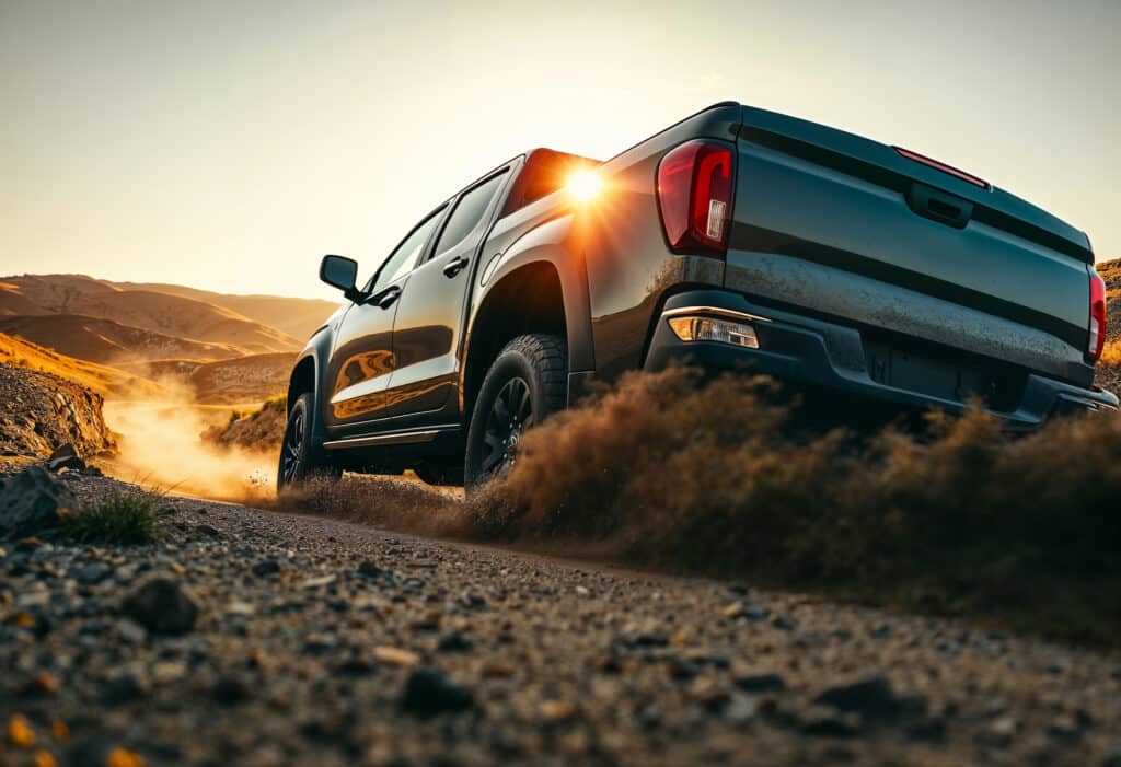 Pickup truck driving off-road at sunset