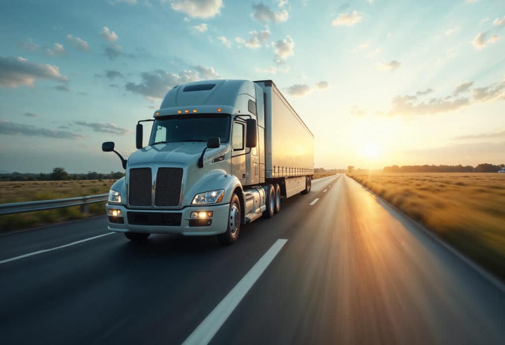 Semi truck driving on highway at sunrise