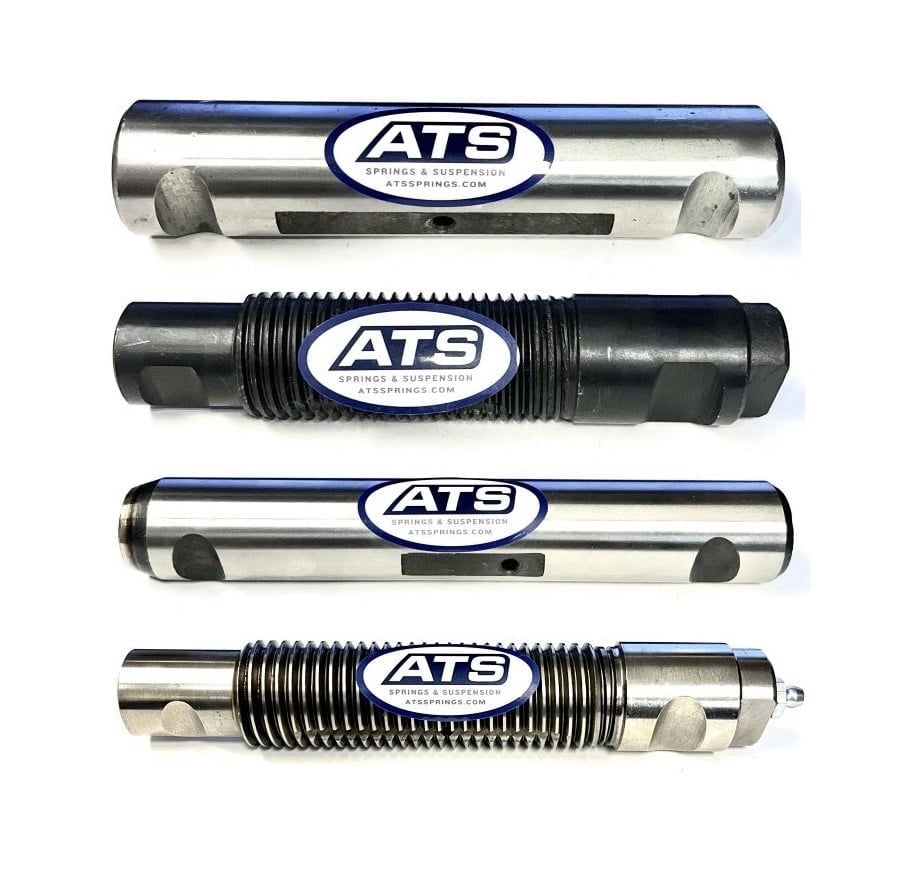 Four ATS metal suspension components on white background